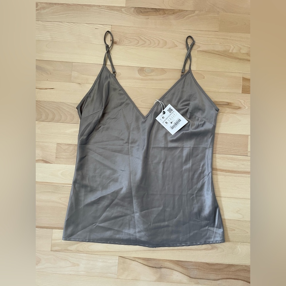 Zara Satin Taupe V neck Camisole Top